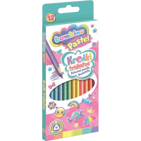 KREDKI SZKOLNE TRÓJKĄTNE BAMBINO PASTEL 12 KOLORÓW DŁ. 18 CM